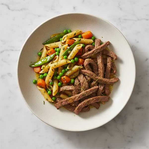 Rosemary Roasted Beef With Carrot Peas Penne Mix & Herb Butter Sauce